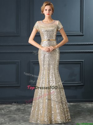 Mermaid Champagne Scoop Zipper Sequins and Belt Prom Dresses Cap Sleeves