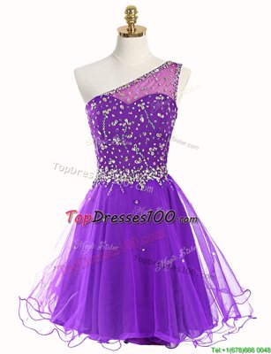 Glittering One Shoulder Mini Length Purple Cocktail Dresses Organza Sleeveless Beading
