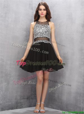 Scoop Knee Length Black Juniors Party Dress Chiffon Sleeveless Beading
