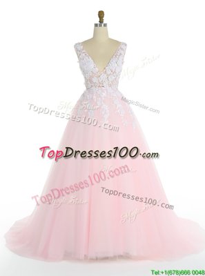 Traditional Pink A-line V-neck Sleeveless Tulle With Train Sweep Train Zipper Appliques Winning Pageant Gowns