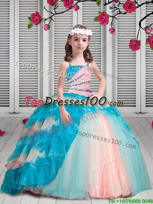 Elegant Multi-color Spaghetti Straps Lace Up Beading and Ruffles Little Girls Pageant Dress Sleeveless