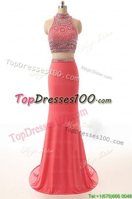 High-neck Sleeveless Brush Train Backless Prom Dresses Watermelon Red Satin