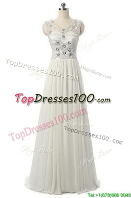 Trendy White Evening Dress Prom and For with Beading V-neck Sleeveless Zipper