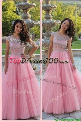 Adorable Baby Pink Prom Dresses Prom and Party and For with Beading Scoop Cap Sleeves Zipper