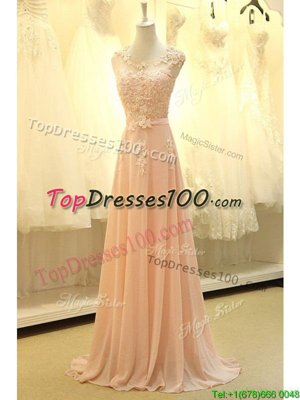 Exceptional Scoop Sleeveless Organza Lace and Belt Sweep Train Zipper