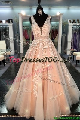 Modest Straps Sleeveless Pageant Dress for Teens Floor Length Lace Peach Chiffon