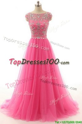 Lace Hot Pink Zipper Prom Dress Beading Short Sleeves Floor Length