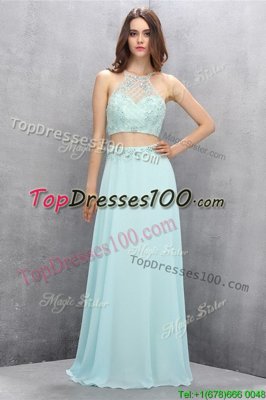 Light Blue Empire Tulle Halter Top Sleeveless Beading Zipper Prom Dress Sweep Train