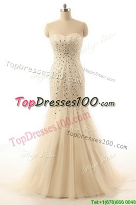 Designer Mermaid Champagne Sleeveless Brush Train Beading With Train Prom Gown