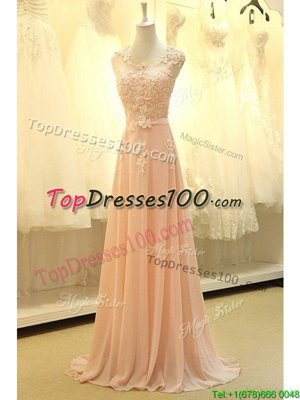 Scoop Empire Sleeveless Peach Evening Dress Sweep Train Zipper