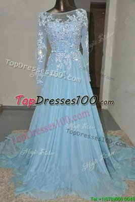 Baby Blue Organza Zipper Bateau Long Sleeves Pageant Dress for Teens Court Train Appliques and Belt