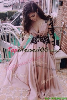 Pink V-neck Zipper Ruching Pageant Dress for Womens Long Sleeves