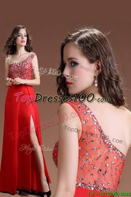 Red Satin Side Zipper One Shoulder Sleeveless Floor Length Prom Dresses Beading