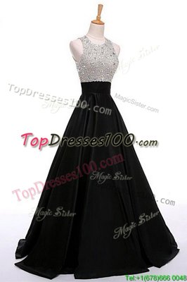Cheap Scoop Black Satin Zipper Prom Party Dress Sleeveless Floor Length Beading