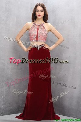 Burgundy Empire Scoop Sleeveless Chiffon Brush Train Criss Cross Beading and Appliques Prom Dresses