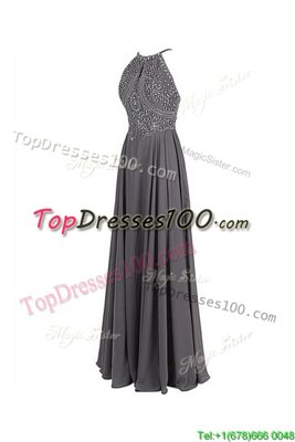 Elegant Floor Length Grey Chiffon Sleeveless Beading