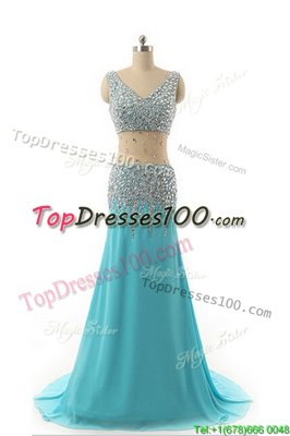 Beauteous Asymmetrical Aqua Blue Evening Dress V-neck Sleeveless Zipper