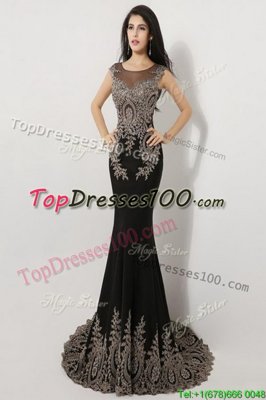 Deluxe Mermaid Scoop Sleeveless Floor Length Appliques Zipper Pageant Dress for Teens with Black Brush Train