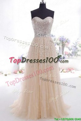 Champagne Empire Sweetheart Sleeveless Organza Sweep Train Zipper Beading and Belt Custom Made Pageant Dress