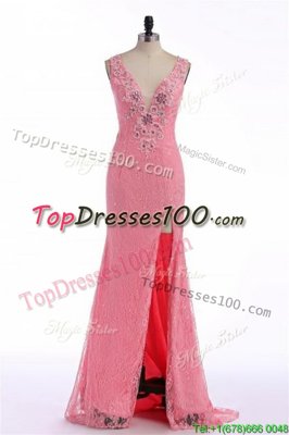 Gorgeous Rose Pink Backless V-neck Lace and Appliques Dress for Prom Organza Sleeveless Sweep Train