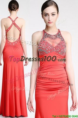 Scoop Watermelon Red Sleeveless Beading Floor Length Homecoming Dress