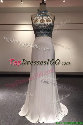 Cute High-neck Sleeveless Elastic Woven Satin Prom Dress Beading Brush Train Zipper