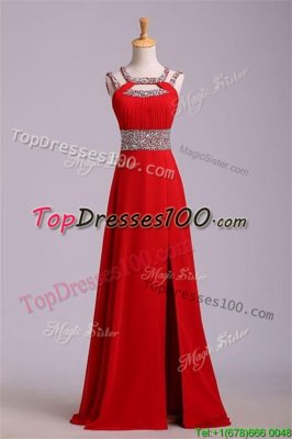 Simple Halter Top Sleeveless Zipper Floor Length Beading and Belt Dress for Prom