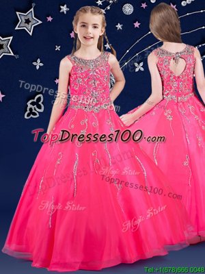 Customized Hot Pink Little Girl Pageant Dress Quinceanera and Wedding Party and For with Beading Scoop Sleeveless Zipper