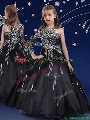 Black Asymmetric Neckline Beading and Ruffles Flower Girl Dresses for Less Sleeveless Zipper