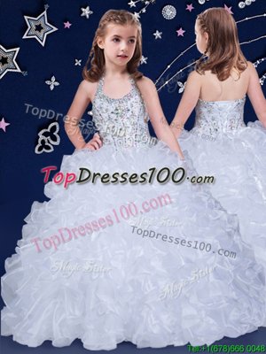 Fantastic Halter Top Sleeveless Lace Up Floor Length Beading and Ruffles Party Dress for Girls