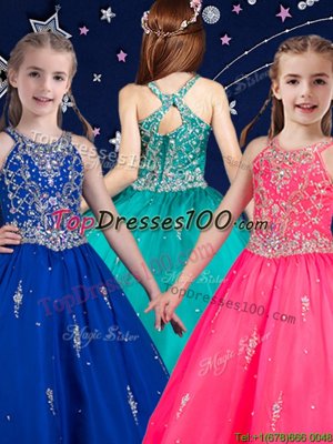 Fantastic Floor Length Hot Pink and Royal Blue Flower Girl Dress Scoop Sleeveless Zipper
