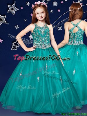 Scoop Sleeveless Zipper Floor Length Beading Little Girl Pageant Gowns
