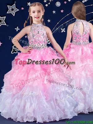 Fashion Halter Top White and Pink And White Sleeveless Beading and Ruffles Floor Length Little Girl Pageant Dress