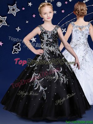 Simple Scoop Black Ball Gowns Beading Teens Party Dress Zipper Organza Sleeveless Floor Length