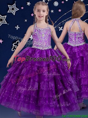 Fantastic Halter Top Eggplant Purple Sleeveless Beading and Ruffled Layers Floor Length Juniors Party Dress