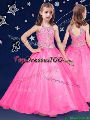 Floor Length Hot Pink Custom Made Halter Top Sleeveless Zipper