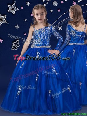 Eye-catching Royal Blue Ball Gowns Bateau Sleeveless Organza Floor Length Zipper Beading Kids Pageant Dress