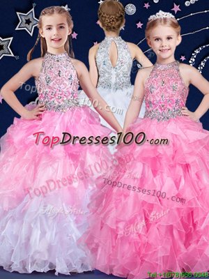 White and Pink And White Halter Top Neckline Beading and Ruffles Flower Girl Dresses for Less Sleeveless Zipper
