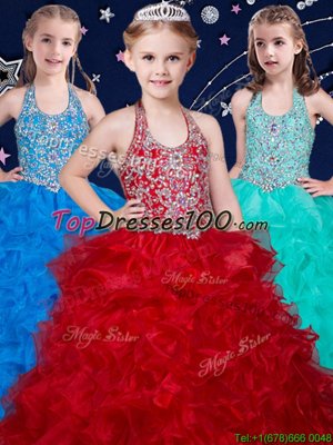 Delicate Halter Top Beading and Ruffles Pageant Gowns For Girls Wine Red and Baby Blue and Turquoise Zipper Sleeveless Floor Length