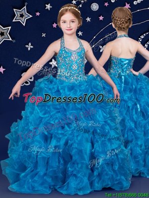 Flirting Halter Top Organza Sleeveless Floor Length Custom Made and Beading and Ruffles