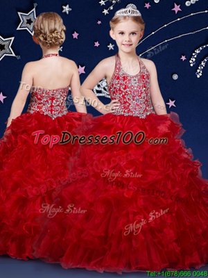 Fabulous Organza Halter Top Sleeveless Zipper Beading and Ruffles Pageant Gowns For Girls in Wine Red