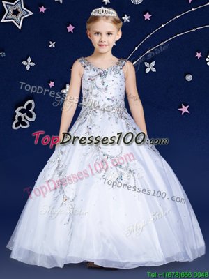 Cheap Scoop Floor Length Zipper Girls Pageant Dresses White and In for Quinceanera and Wedding Party with Beading