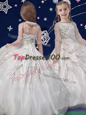 Sumptuous White Ball Gowns Organza Scoop Long Sleeves Beading Floor Length Zipper Custom Made