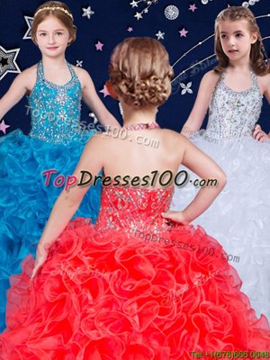 Custom Design Halter Top Organza Sleeveless Floor Length Kids Pageant Dress and Beading and Ruffles