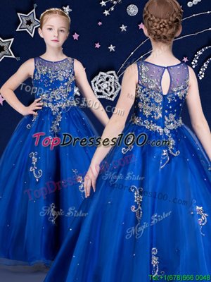 Scoop Royal Blue Sleeveless Floor Length Beading and Appliques Zipper Party Dress