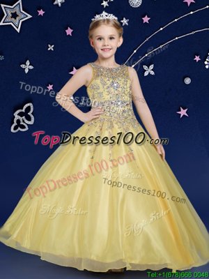 Best Selling Gold Ball Gowns Scoop Sleeveless Organza Floor Length Zipper Beading Little Girl Pageant Gowns