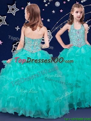 Sweet Halter Top Turquoise Zipper Little Girl Pageant Gowns Beading and Ruffles Sleeveless Floor Length