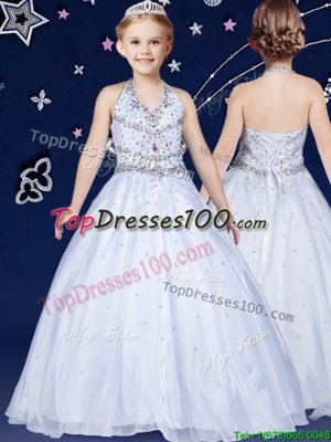 Halter Top Sleeveless Floor Length Beading Lace Up Casual Dresses with White