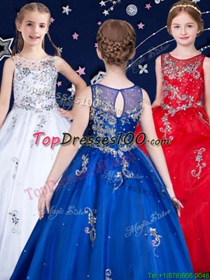 Scoop Floor Length Ball Gowns Sleeveless White and Red and Royal Blue Kids Pageant Dress Zipper