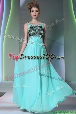 Custom Fit Scoop Sleeveless Chiffon Floor Length Side Zipper in Aqua Blue for with Beading